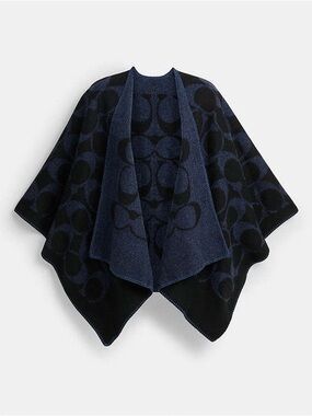 Coach Reversible Navy and Black Logo Jacquard Poncho